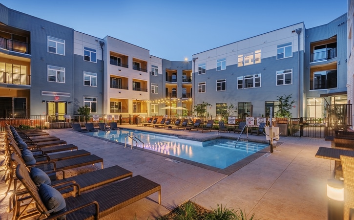 The Edition on Oberlin Raleigh NC Apartments and Townhomes Resort Style Pool at Night